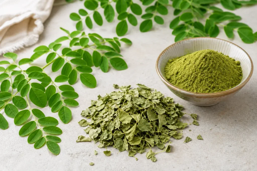 Feuilles de moringa fraîches, feuilles séchées et poudre de moringa dans un bol