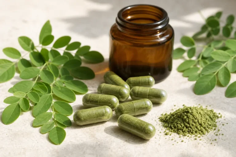 Gélules de moringa avec poudre verte et feuilles fraîches de Moringa oleifera