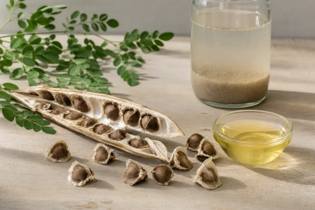 Graines de moringa dans une gousse avec huile pressée et eau en cours de clarification