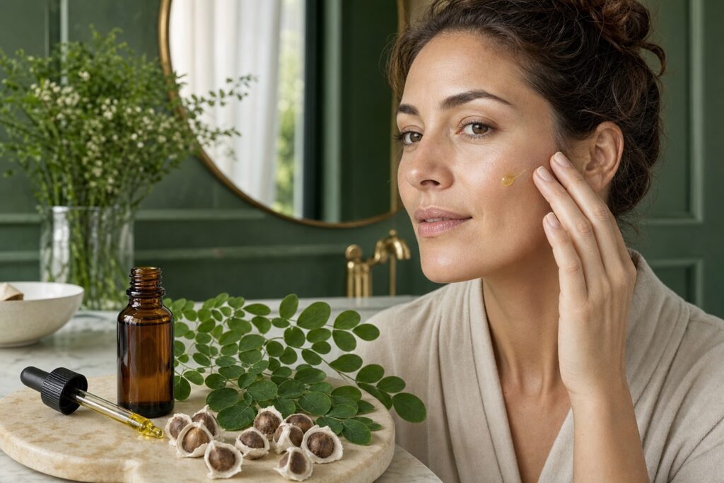 Femme appliquant une huile de moringa sur le visage