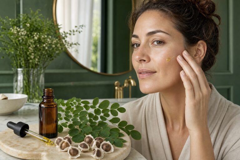 Femme appliquant une huile de moringa sur le visage