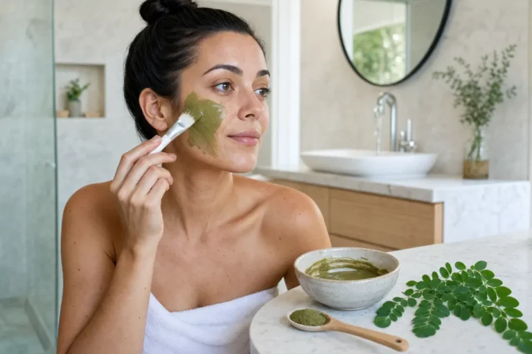 Femme appliquant un masque visage préparé avec de la poudre de moringa