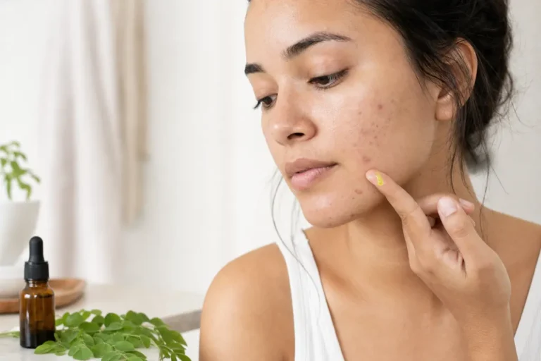 Femme avec une peau acnéique testant une huile visage près de feuilles de moringa