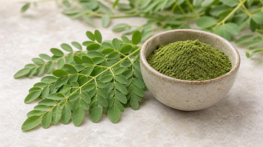 Feuilles de Moringa oleifera et poudre de moringa dans un bol
