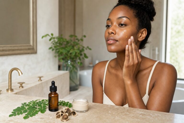 Femme appliquant un soin à l’huile de moringa sur la peau du visage