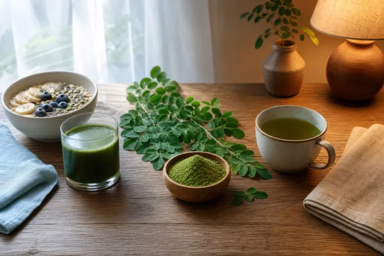 Poudre et infusion de moringa entre une ambiance du matin et une ambiance du soir
