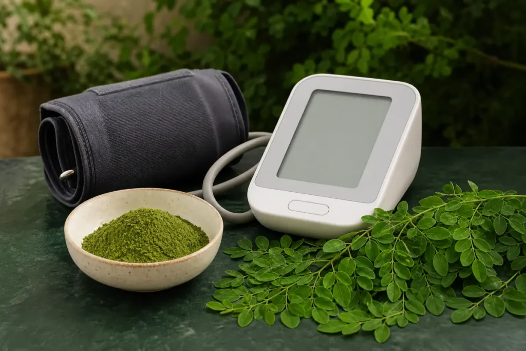 Mesure de la tension artérielle à côté de feuilles et de poudre de moringa