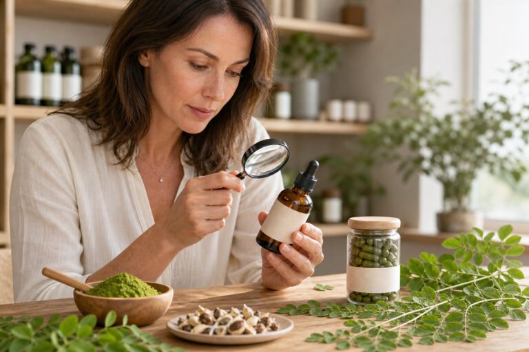 Consommatrice vérifiant l’étiquette d’une huile de moringa avant achat