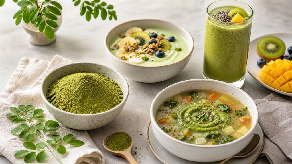 Poudre de moringa présentée avec un smoothie, un yaourt et une soupe