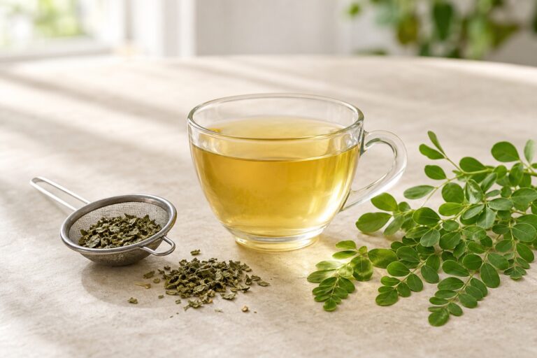 Tisane de moringa avec feuilles séchées et fraîches