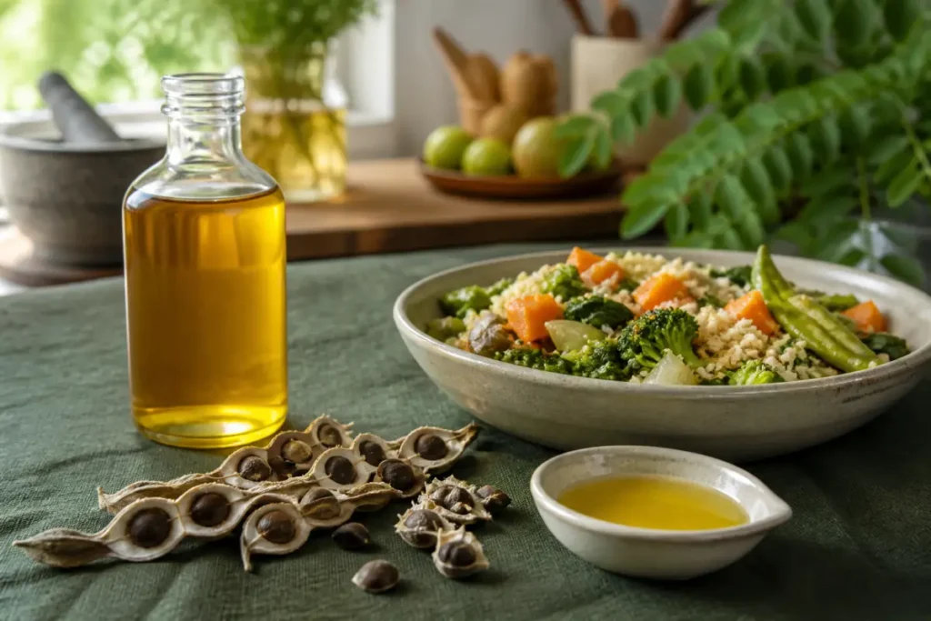Bouteille d’huile de moringa alimentaire avec graines, vinaigrette et légumes cuisinés