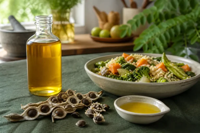 Bouteille d’huile de moringa alimentaire avec graines, vinaigrette et légumes cuisinés