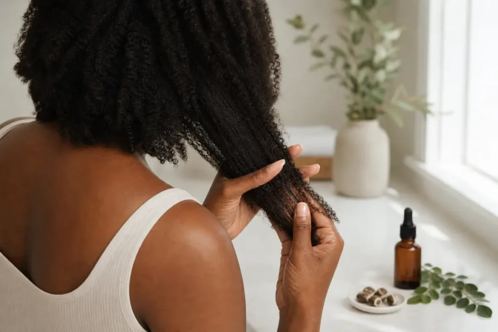 Application d’huile de moringa sur les longueurs de cheveux crépus