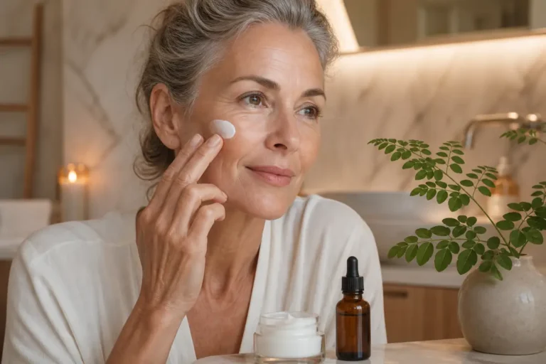 Femme mature appliquant une crème de nuit au visage avec un sérum et des feuilles de moringa