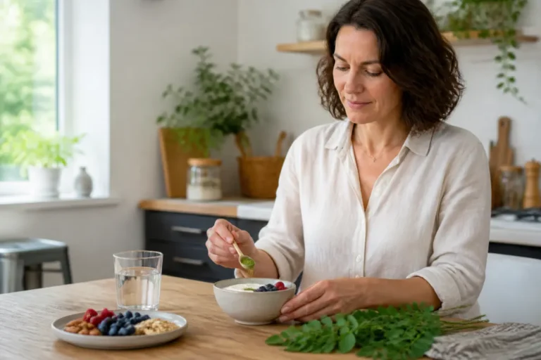 Femme préparant une petite portion de poudre de moringa avec un yaourt et un verre d’eau