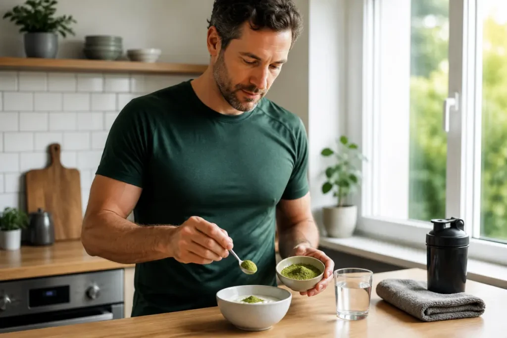 Homme actif préparant une petite portion de poudre de moringa avec un yaourt et un verre d’eau