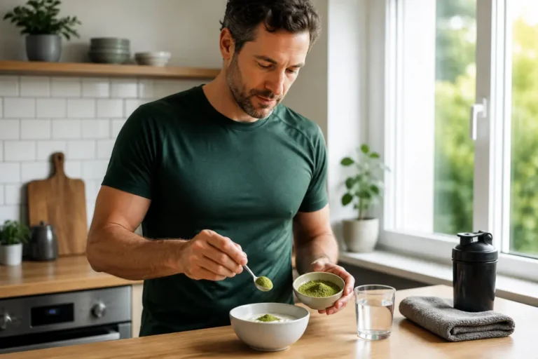Homme actif préparant une petite portion de poudre de moringa avec un yaourt et un verre d’eau