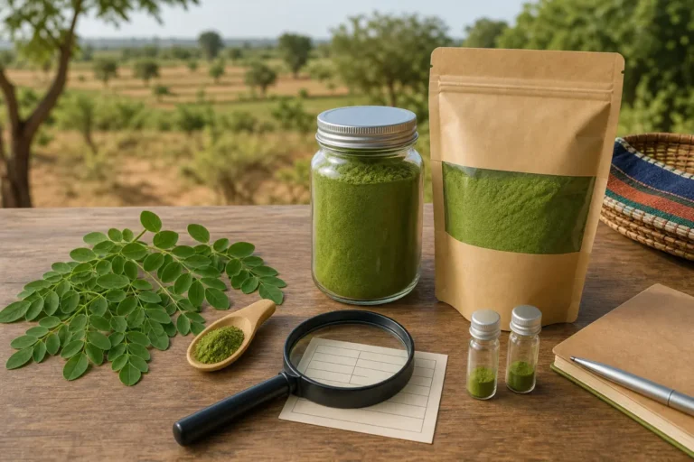 Poudre de moringa avec loupe, fiche de lot et échantillons pour vérifier sa qualité