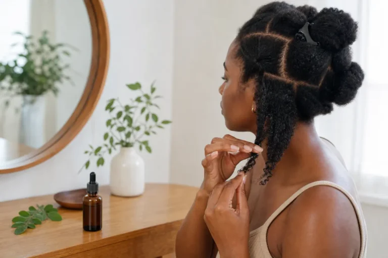 Femme appliquant quelques gouttes d huile de moringa sur les pointes de ses cheveux crepus