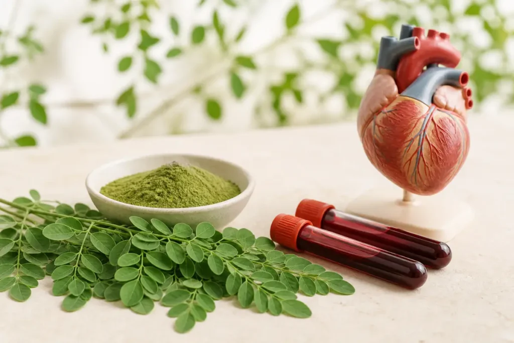Feuilles et poudre de moringa à côté d’un modèle pédagogique du cœur pour expliquer le profil lipidique