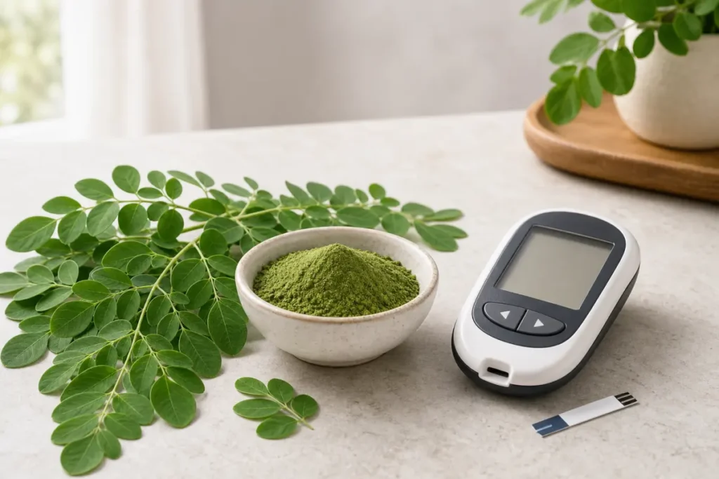Feuilles et poudre de moringa avec un lecteur de glycémie générique