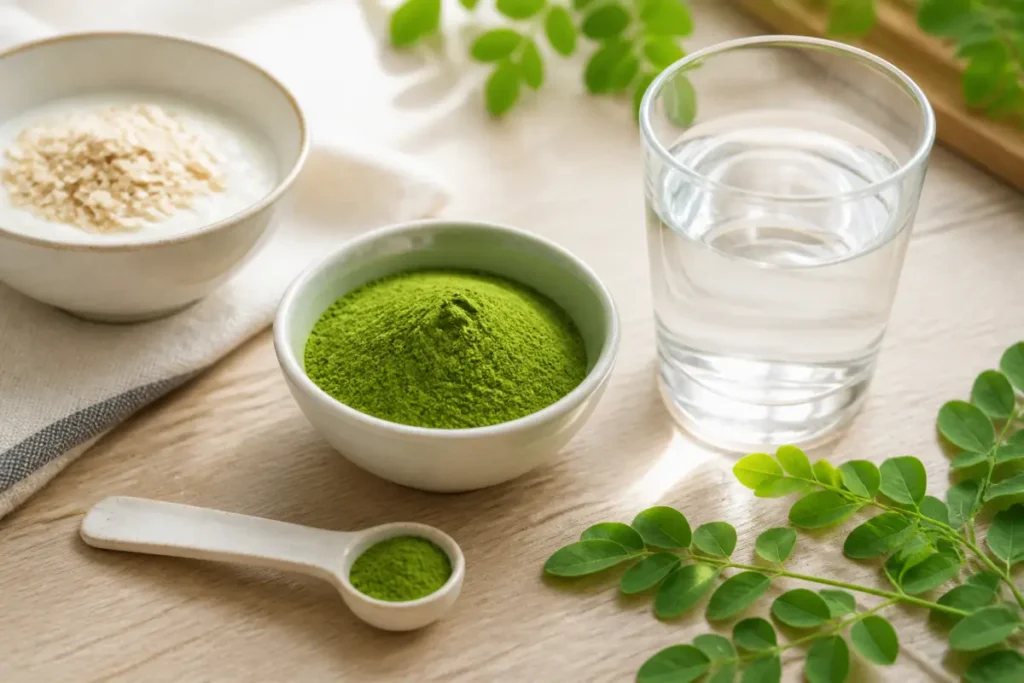 Petite quantité de poudre de moringa avec un verre d’eau pour une consommation progressive
