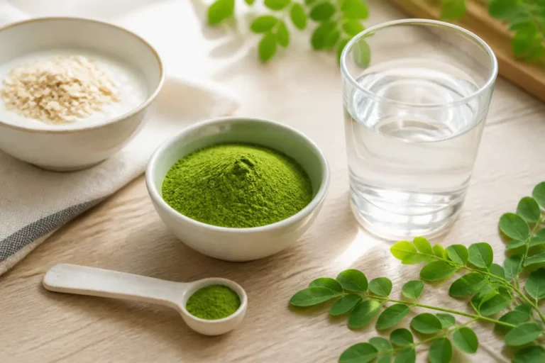 Petite quantité de poudre de moringa avec un verre d’eau pour une consommation progressive