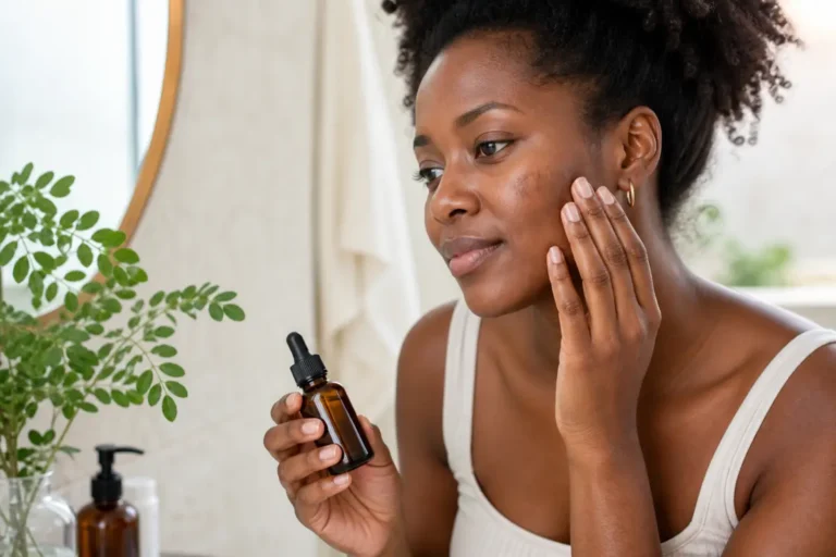 Femme observant de légères taches pigmentaires sur sa joue avec un sérum et des feuilles de moringa