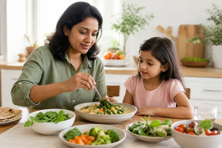 Parent accompagnant un enfant lors d’un repas familial avec des légumes et des feuilles de moringa cuites