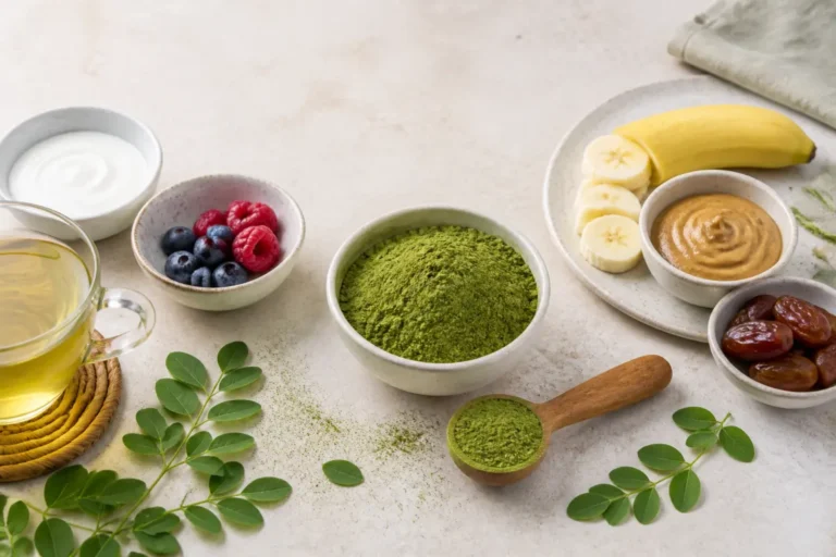 Poudre de moringa avec infusion, yaourt, fruits et ingrédients pour smoothie