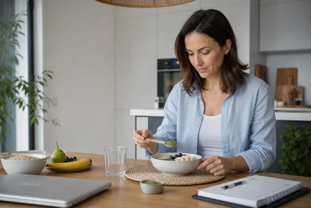 Femme préparant une petite portion de poudre de moringa avec un petit déjeuner avant sa journée de travail