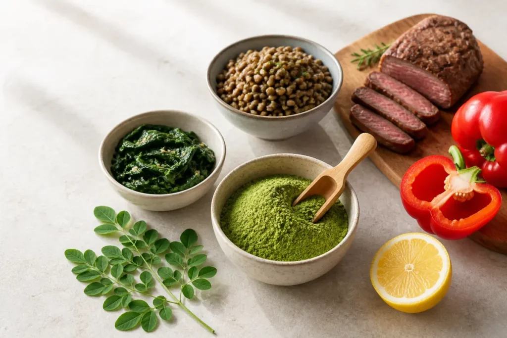 Poudre de moringa avec épinards, lentilles, steak, poivron et citron