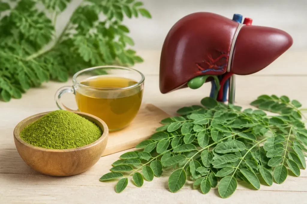 Poudre et feuilles de moringa à côté d’un modèle anatomique du foie