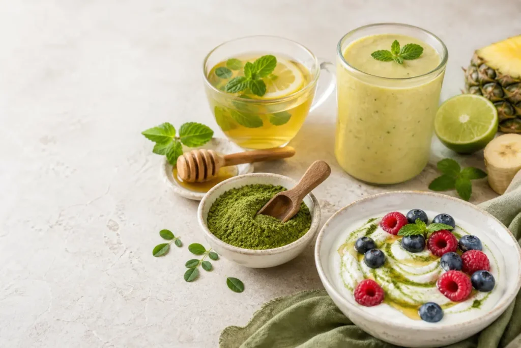 Poudre de moringa avec infusion citron menthe, smoothie ananas banane et yaourt aux fruits rouges