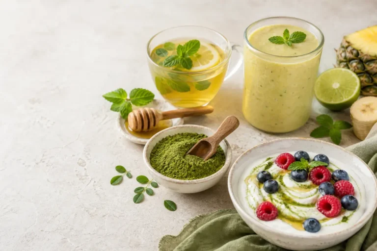 Poudre de moringa avec infusion citron menthe, smoothie ananas banane et yaourt aux fruits rouges