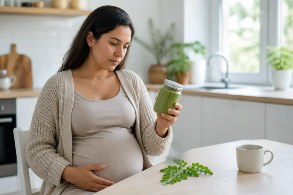 Femme enceinte vérifiant un pot de poudre de feuilles de moringa avant utilisation