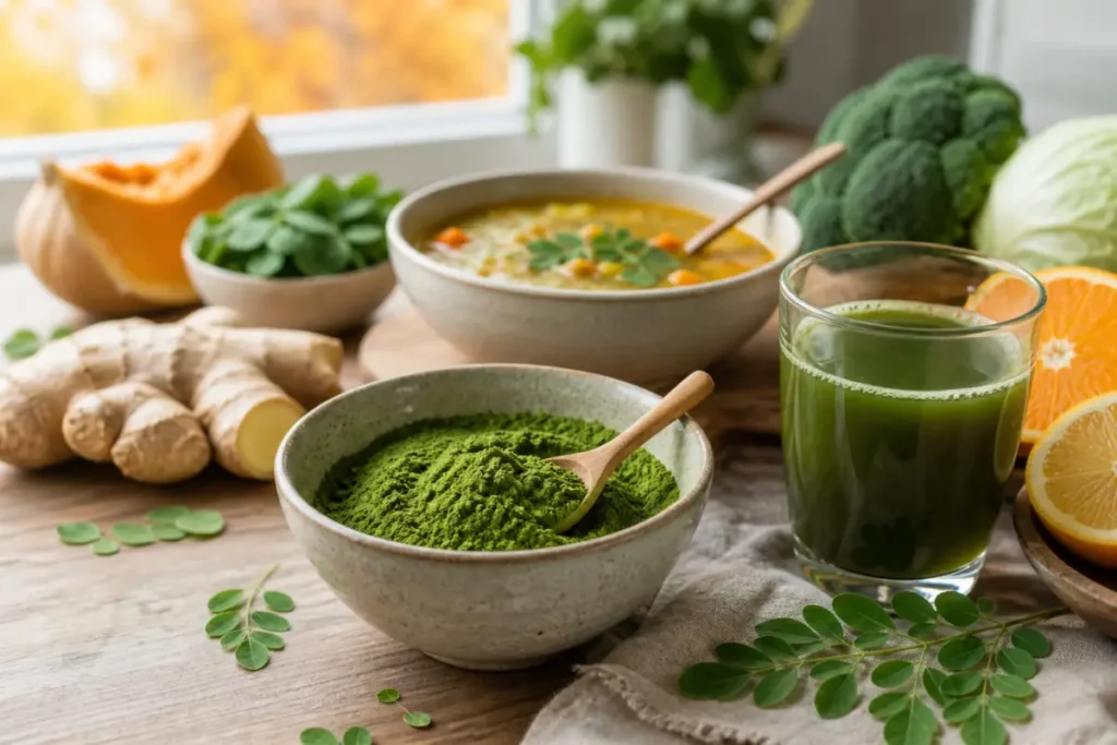 Poudre de moringa avec agrumes, gingembre, soupe et boisson verte pour une alimentation variée en automne