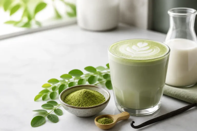 Moringa latte vert mousseux avec poudre de feuilles, lait et gousse de vanille