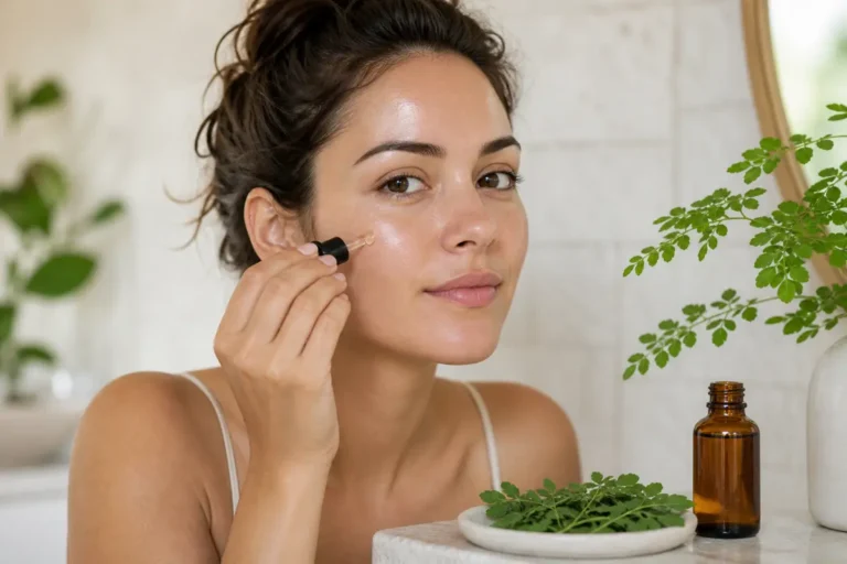 Femme appliquant une goutte de sérum visage près de feuilles de moringa pour une routine peau grasse