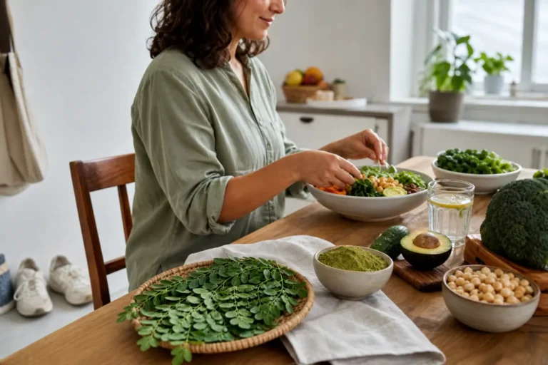 Femme préparant un repas équilibré avec de la poudre et des feuilles de moringa