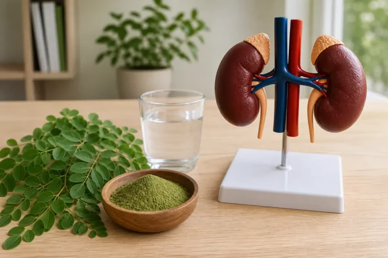 Feuilles et poudre de moringa à côté d’un modèle anatomique des reins
