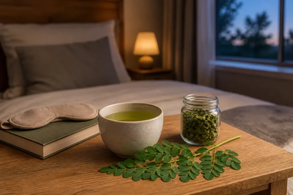 Tisane de feuilles de moringa posee pres d un lit au debut de la soiree