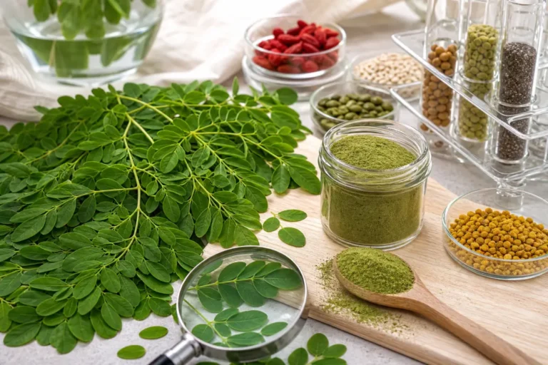 Feuilles fraîches et poudre de moringa pour analyser leurs vitamines et nutriments