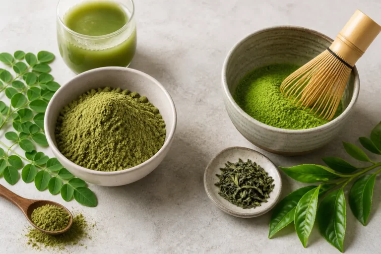Poudre de feuilles de moringa et poudre de matcha comparées avec leurs boissons vertes