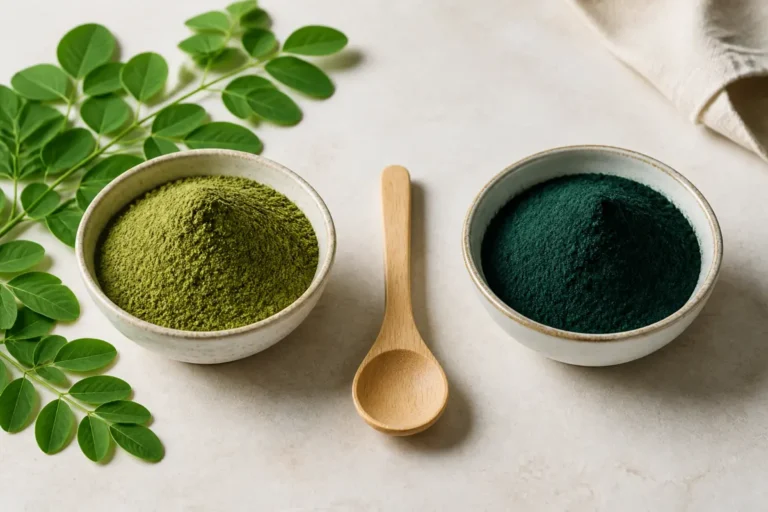 Poudre de moringa et poudre de spiruline comparées dans deux bols