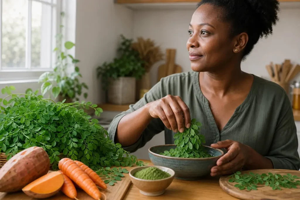 Femme préparant des feuilles de moringa avec carottes et patate douce, aliments sources de caroténoïdes