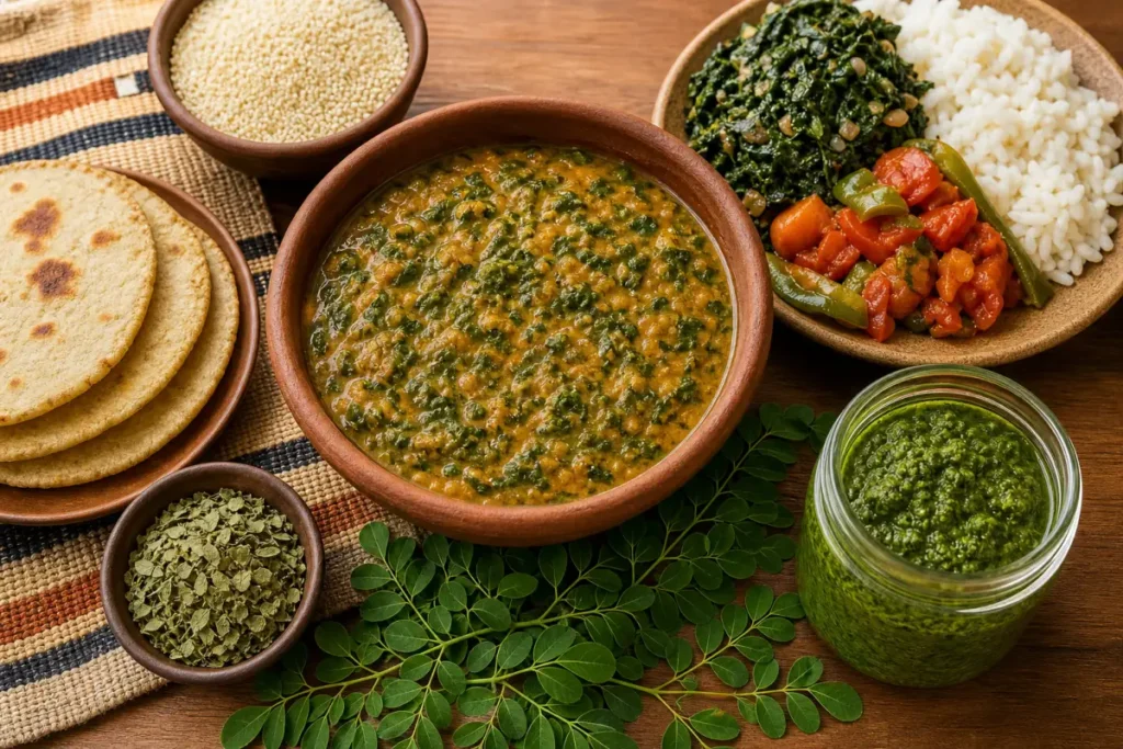 Sauce à l’arachide, fonio et recettes préparées avec des feuilles fraîches et séchées de moringa