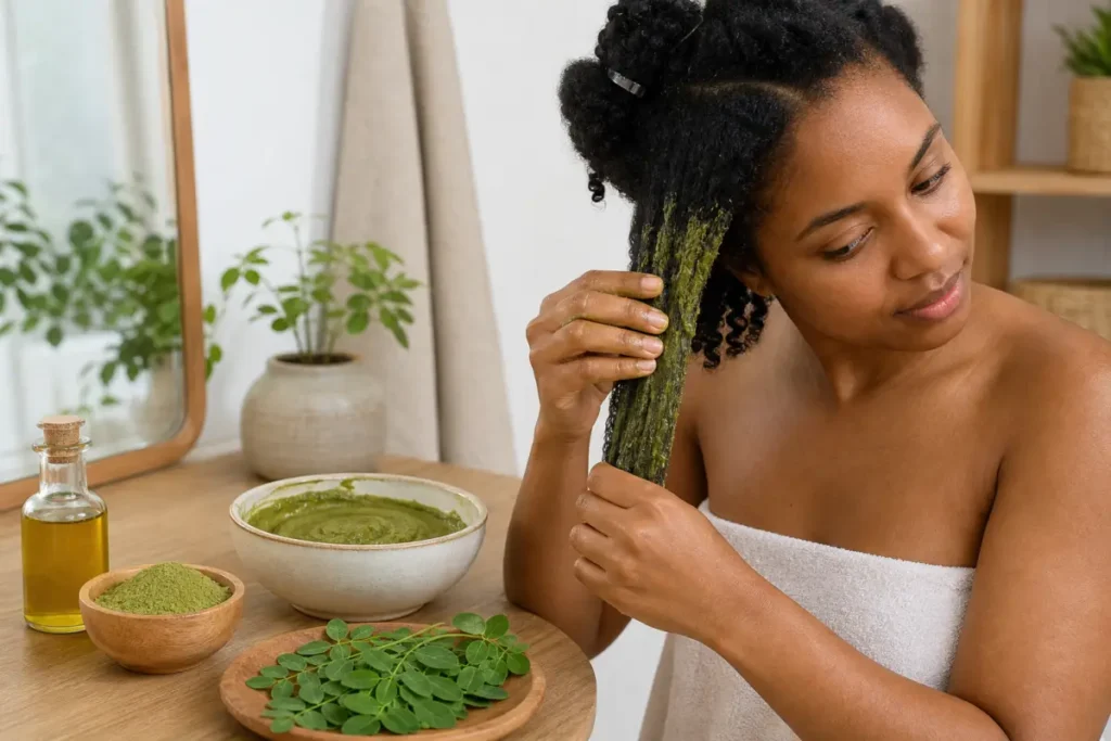 Femme aux cheveux crépus appliquant un masque au moringa sur ses longueurs avec poudre et huile