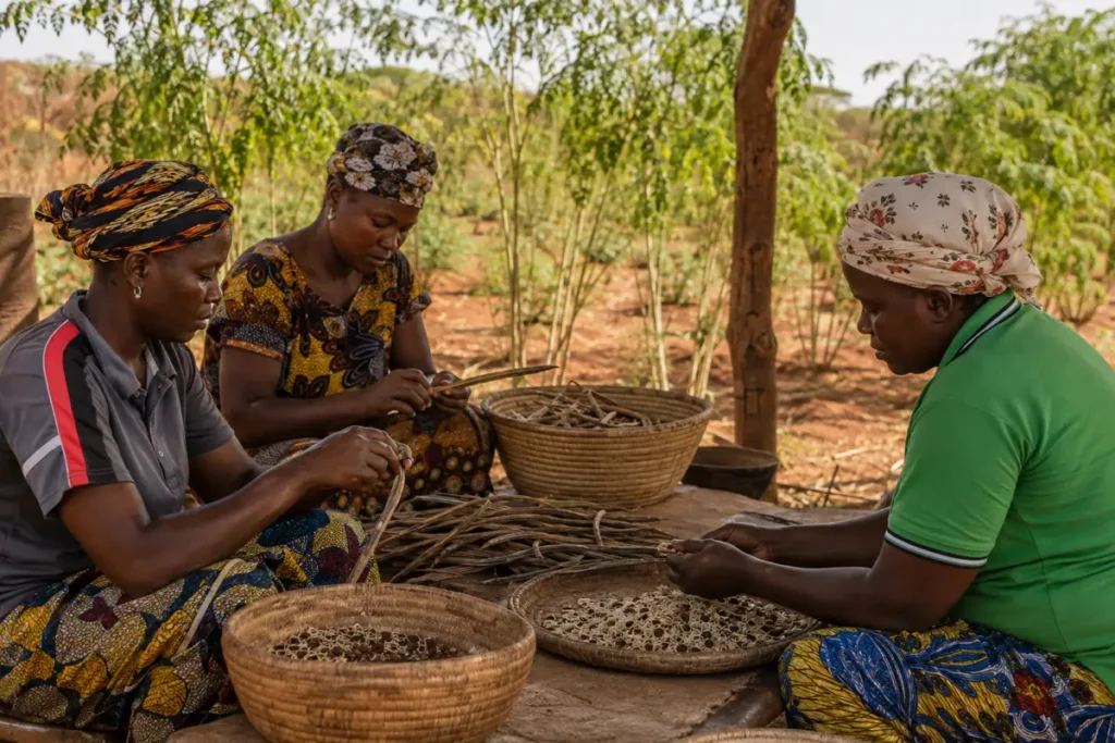 Illustration de femmes triant des gousses et graines de moringa au Burkina Faso