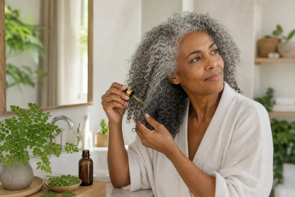 Femme aux cheveux blancs et bouclés appliquant de l’huile de moringa sur ses longueurs